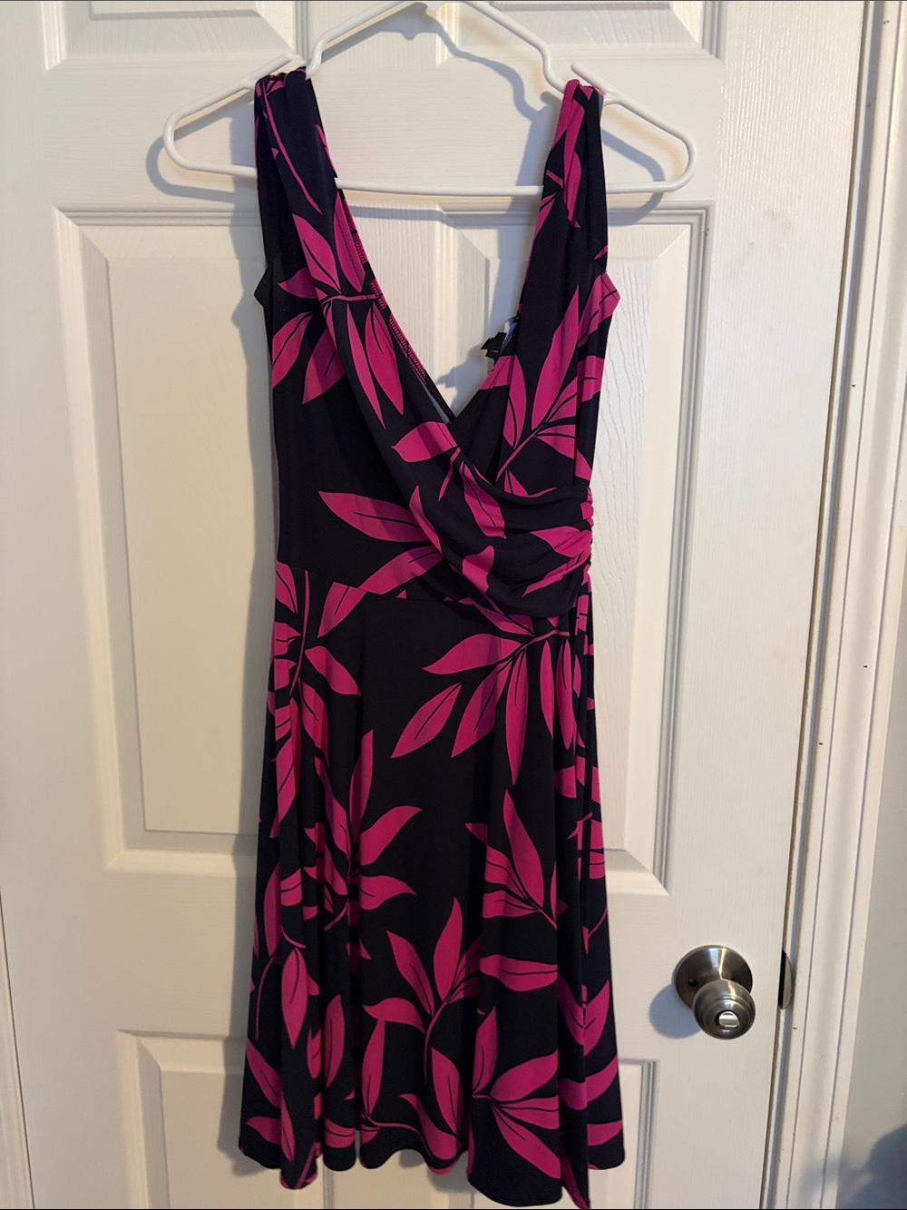 Maggy London Black Dress with Fuchsia Leaf Print